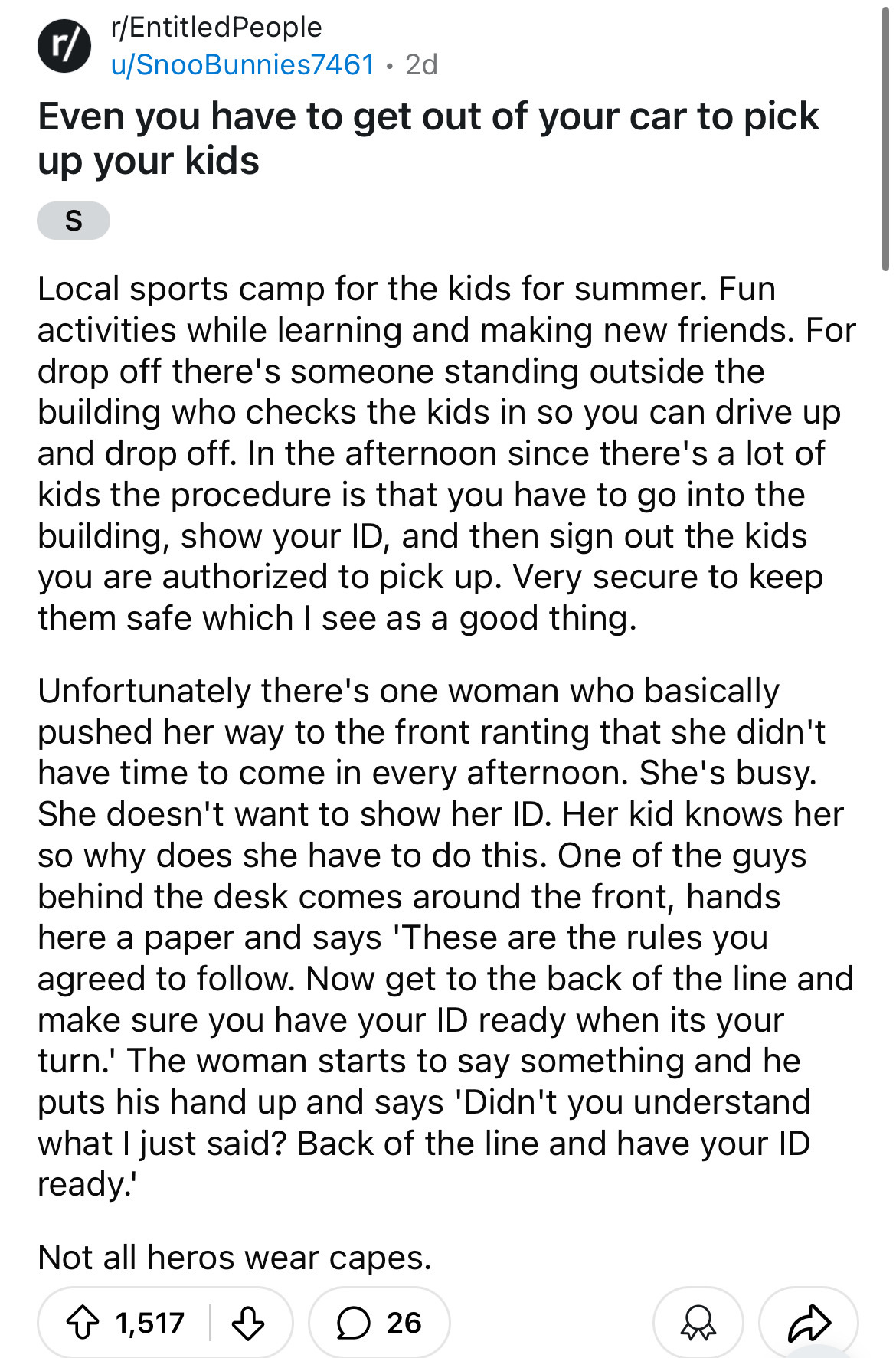 document - rEntitled People uSnooBunnies7461 2d Even you have to get out of your car to pick up your kids S Local sports camp for the kids for summer. Fun activities while learning and making new friends. For drop off there's someone standing outside the 