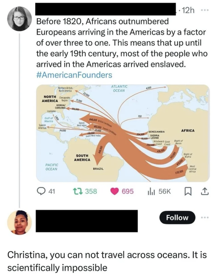 screenshot - 12h Before 1820, Africans outnumbered Europeans arriving in the Americas by a factor of over three to one. This means that up until the early 19th century, most of the people who arrived in the Americas arrived enslaved. North America Ocean S