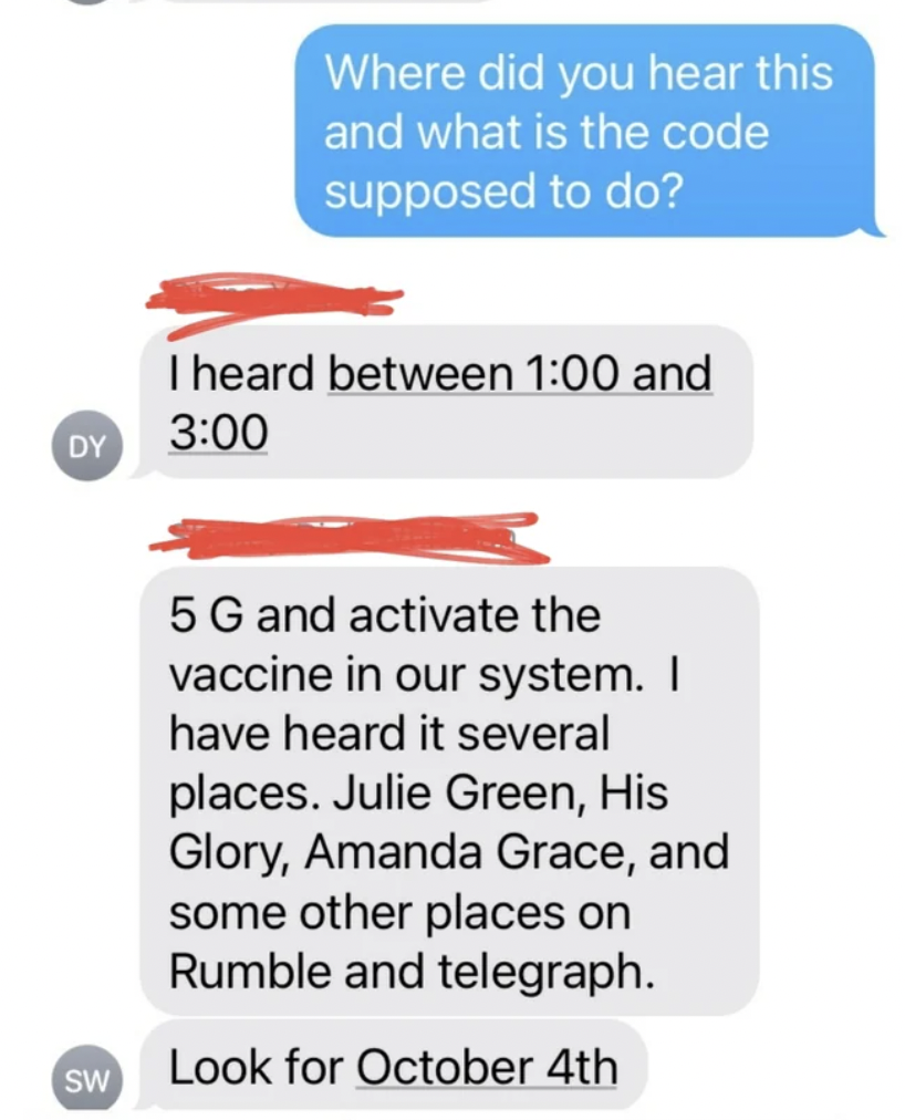 screenshot - Dy Where did you hear this and what is the code supposed to do? I heard between and Sw 5 G and activate the vaccine in our system. I have heard it several places. Julie Green, His Glory, Amanda Grace, and some other places on Rumble and teleg