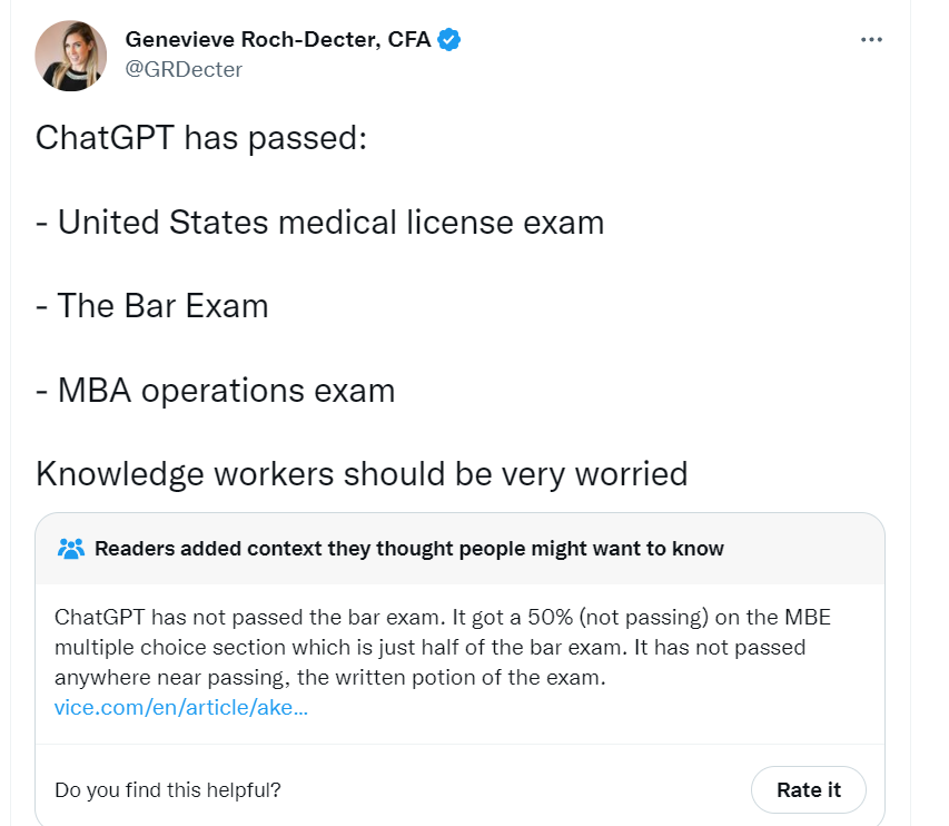 screenshot - Genevieve RochDecter, Cfa ChatGPT has passed United States medical license exam The Bar Exam Mba operations exam Knowledge workers should be very worried Readers added context they thought people might want to know ChatGPT has not passed the 