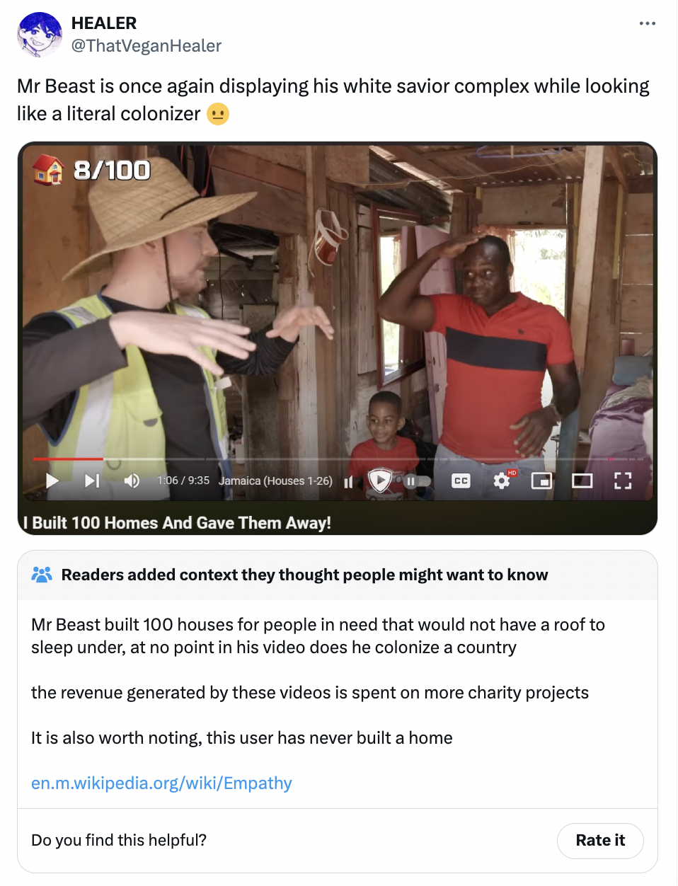 screenshot - Healer Mr Beast is once again displaying his white savior complex while looking a literal colonizer 8100 06 Jamaica Houses 126 Built 100 Homes And Gave Them Away! Readers added context they thought people might want to know Mr Beast built 100