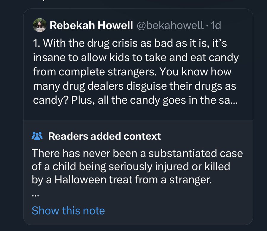 screenshot - Rebekah Howell 1d 1. With the drug crisis as bad as it is, it's insane to allow kids to take and eat candy from complete strangers. You know how many drug dealers disguise their drugs as candy? Plus, all the candy goes in the sa... Readers ad