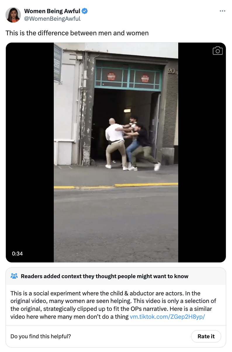 screenshot - Women Being Awful This is the difference between men and women O Readers added context they thought people might want to know This is a social experiment where the child & abductor are actors. In the original video, many women are seen helpin