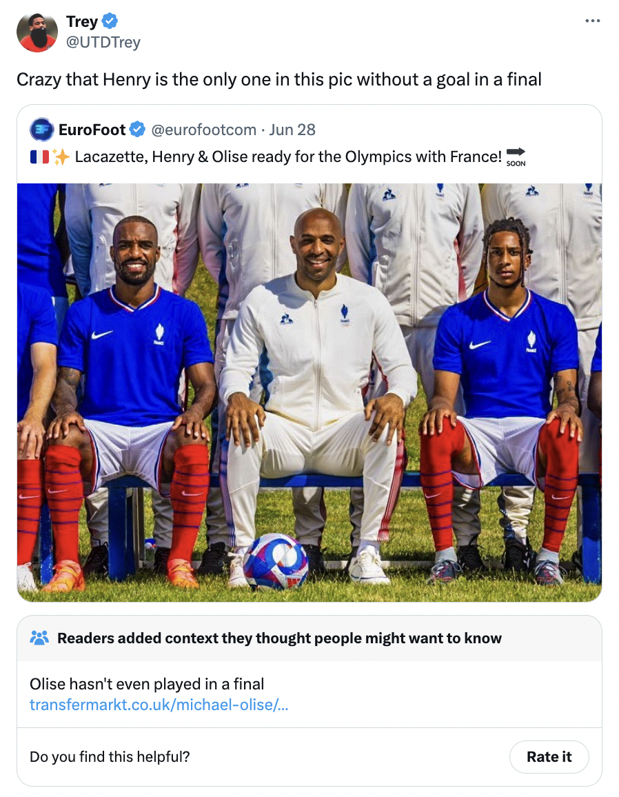 team - Trey Crazy that Henry is the only one in this pic without a goal in a final EuroFoot Jun 28 Lacazette, Henry & Olise ready for the Olympics with France! Readers added context they thought people might want to know Olise hasn't even played in a fina