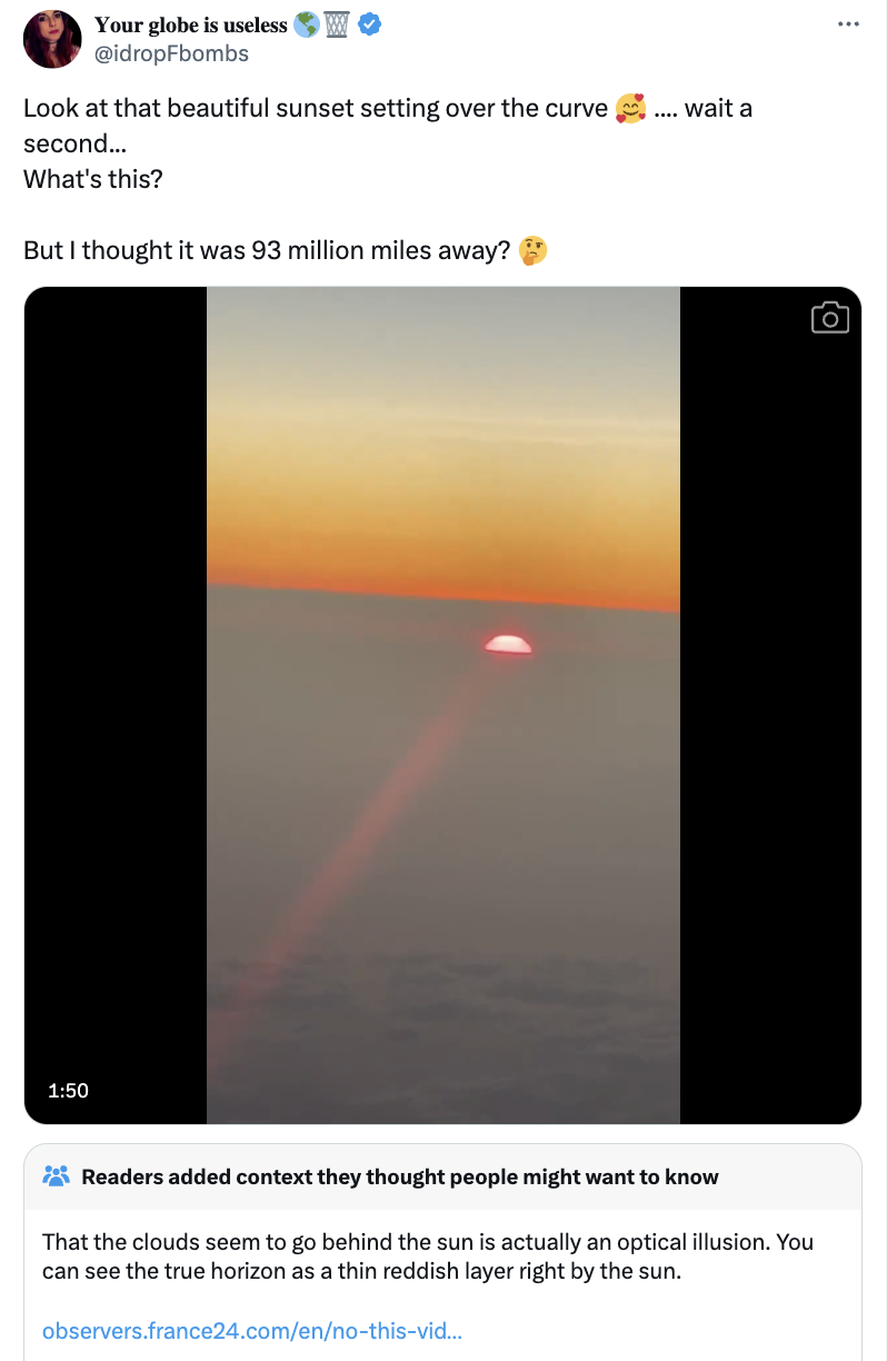 screenshot - Your globe is useless Look at that beautiful sunset setting over the curve second... What's this? But I thought it was 93 million miles away? wait a Readers added context they thought people might want to know That the clouds seem to go behin