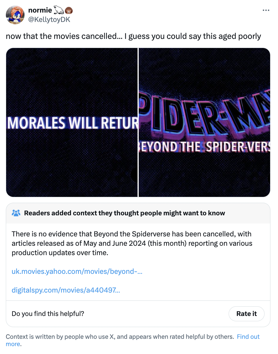 screenshot - normie now that the movies cancelled... I guess you could say this aged poorly Morales Will Returider Mp Eyond The SpiderVers Readers added context they thought people might want to know There is no evidence that Beyond the Spiderverse has be