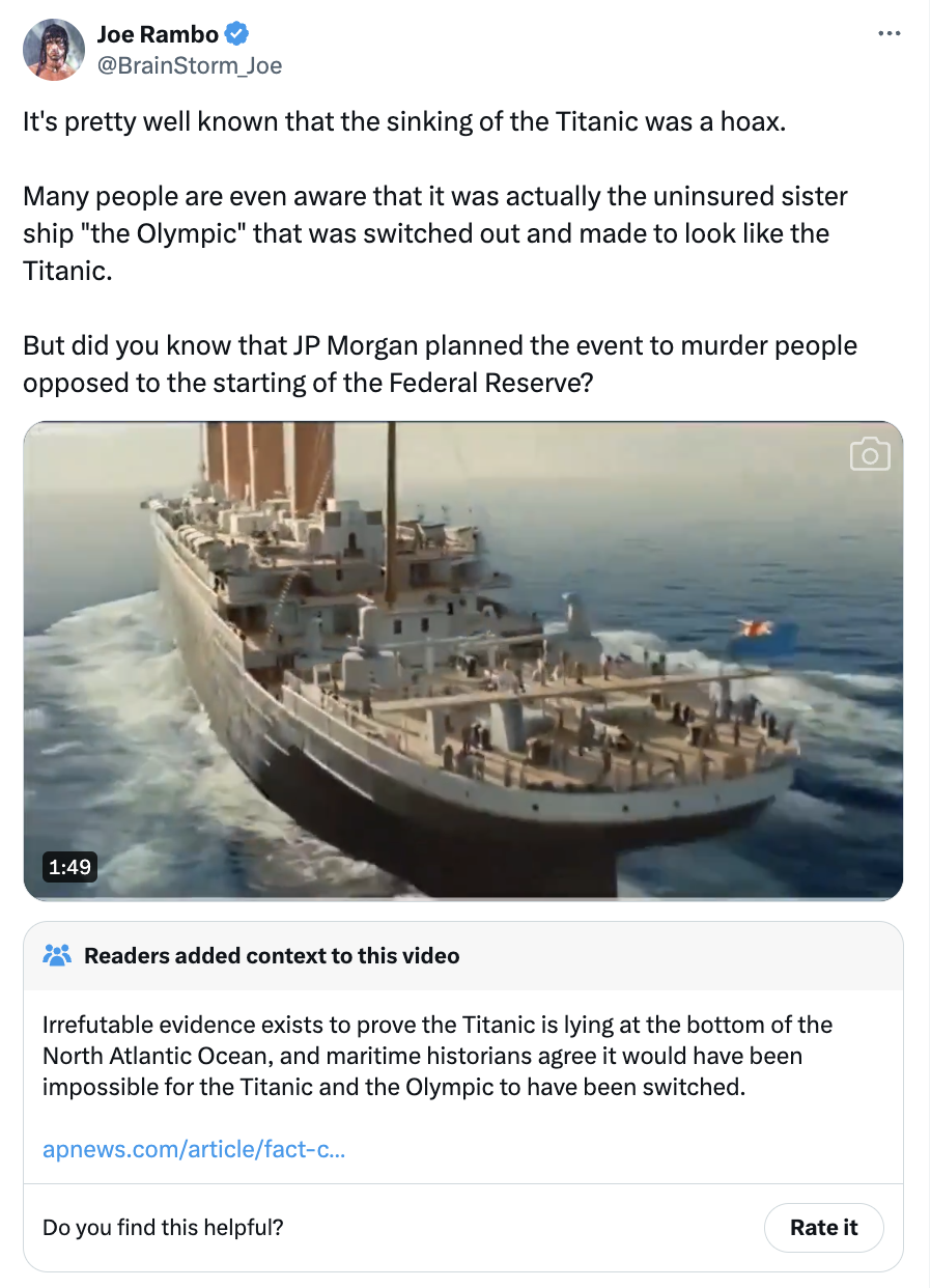 handysize - Joe Rambo Joe It's pretty well known that the sinking of the Titanic was a hoax. Many people are even aware that it was actually the uninsured sister ship "the Olympic" that was switched out and made to look the Titanic. But did you know that 