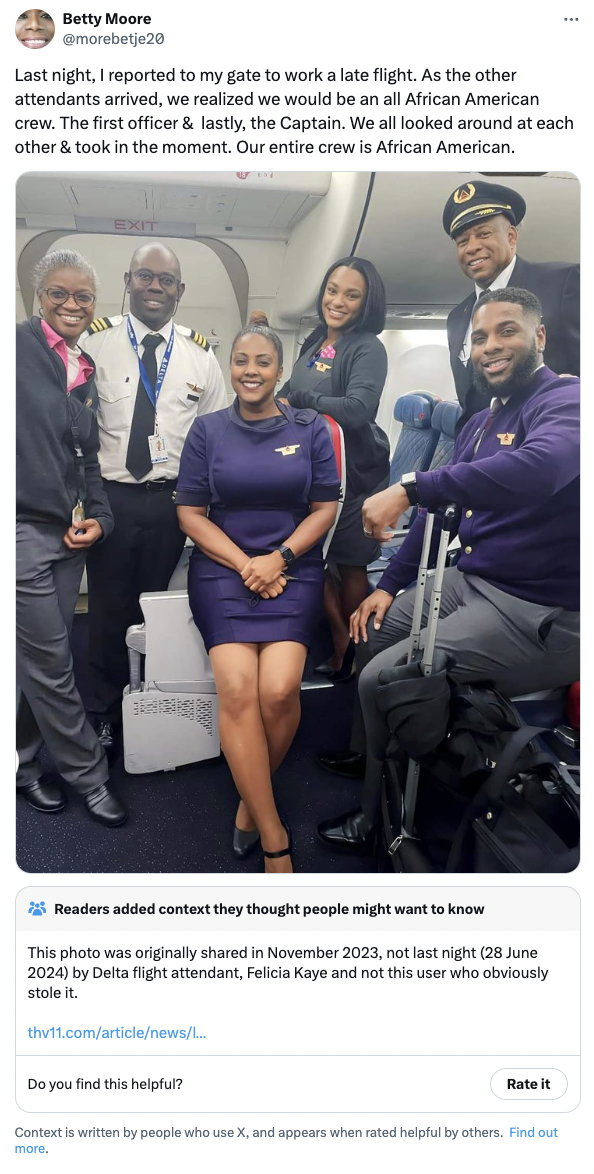 photo caption - Betty Moore more20 Last night, I reported to my gate to work a late flight. As the other attendants arrived, we realized we would be an all African American crew. The first officer & lastly, the Captain. We all looked around at each other 