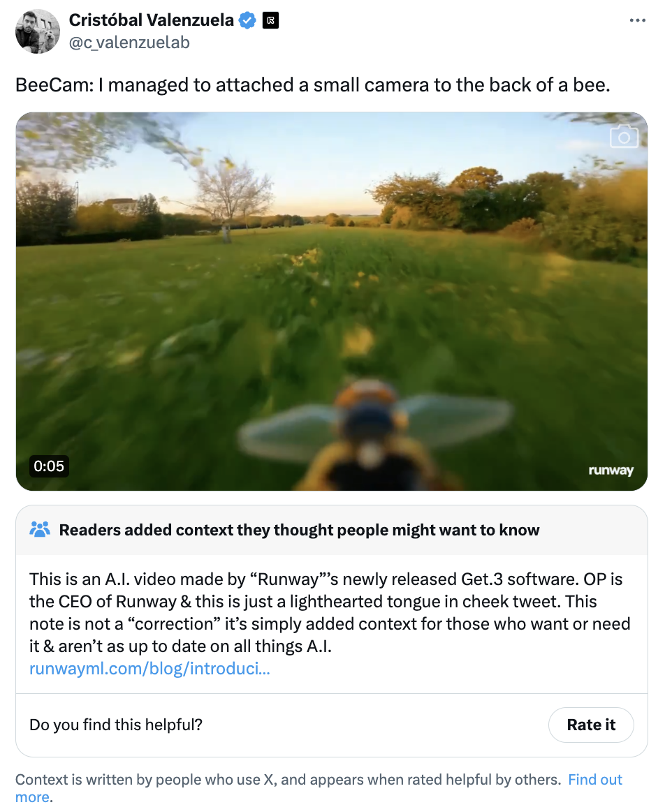 screenshot - Cristbal Valenzuela BeeCam I managed to attached a small camera to the back of a bee. runway Readers added context they thought people might want to know This is an A.I. video made by "Runway"s newly released Get.3 software. Op is the Ceo of 
