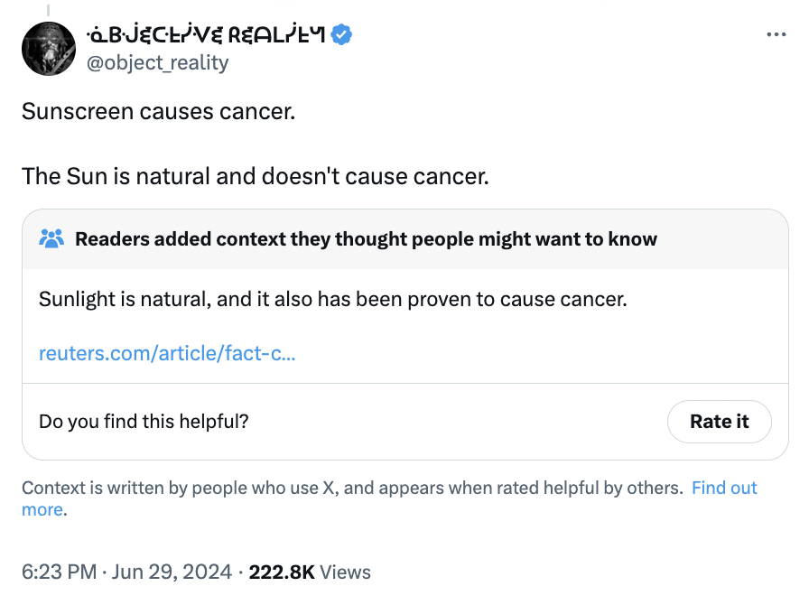 screenshot - Bjclive Realpey Sunscreen causes cancer. The Sun is natural and doesn't cause cancer. Readers added context they thought people might want to know Sunlight is natural, and it also has been proven to cause cancer. reuters.comarticlefactc... Do