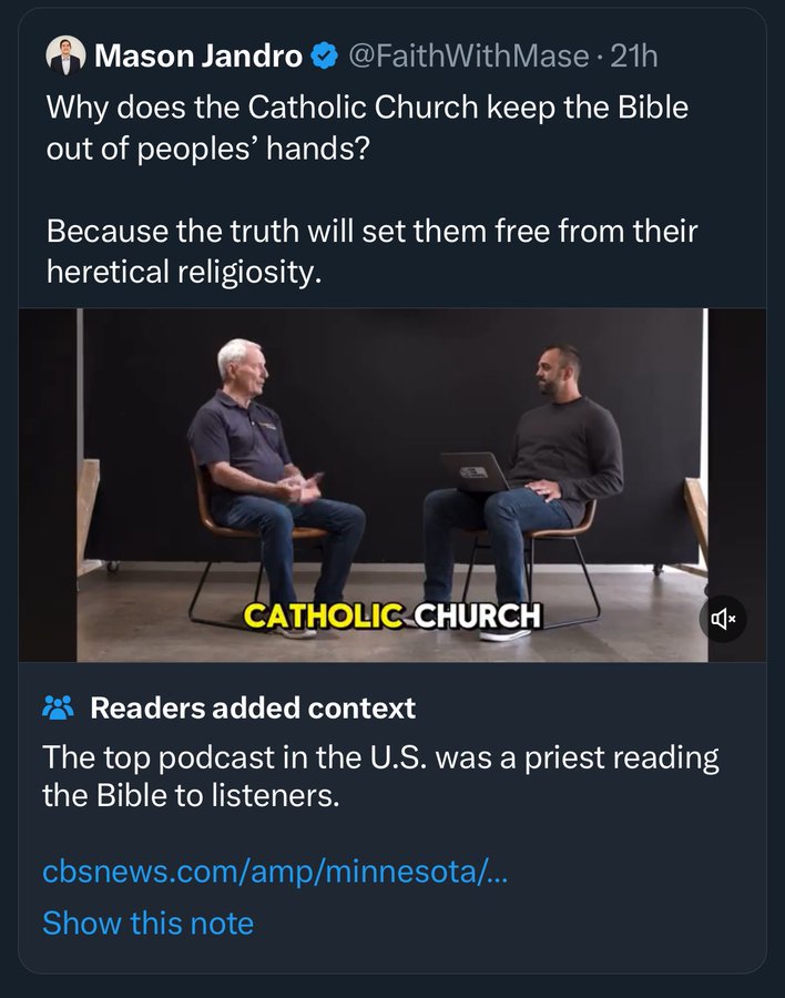 office chair - Mason Jandro Mase. 21h Why does the Catholic Church keep the Bible out of peoples' hands? Because the truth will set them free from their heretical religiosity. Catholic Church Readers added context The top podcast in the U.S. was a priest 