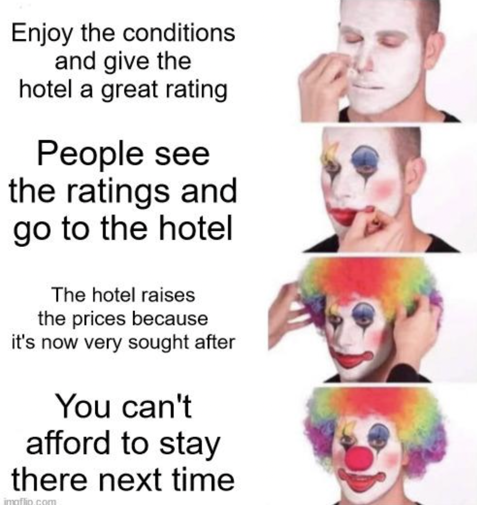 dnd clown meme - Enjoy the conditions and give the hotel a great rating People see the ratings and go to the hotel The hotel raises the prices because it's now very sought after You can't afford to stay there next time impflo.com