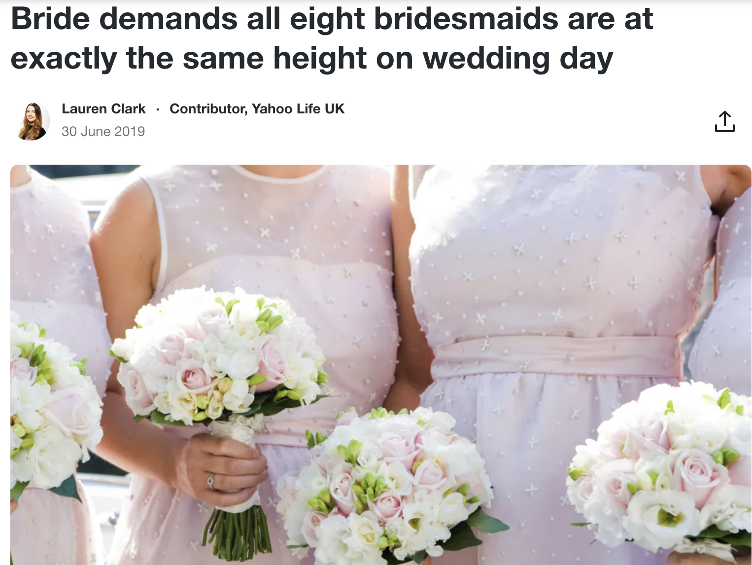 Bridesmaid dress - Bride demands all eight bridesmaids are at exactly the same height on wedding day Lauren Clark Contributor, Yahoo Life Uk