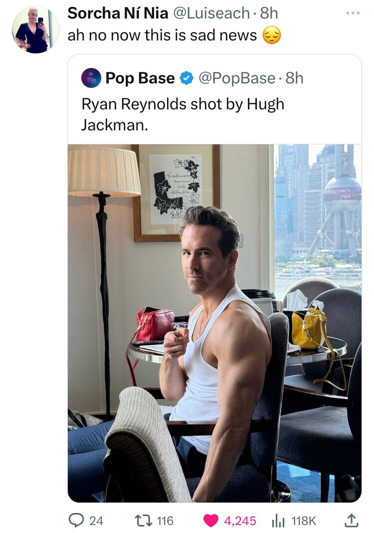 gym - Sorcha N Nia 8h ah no now this is sad news Pop Base . 8h Ryan Reynolds shot by Hugh Jackman. 24 116 4,