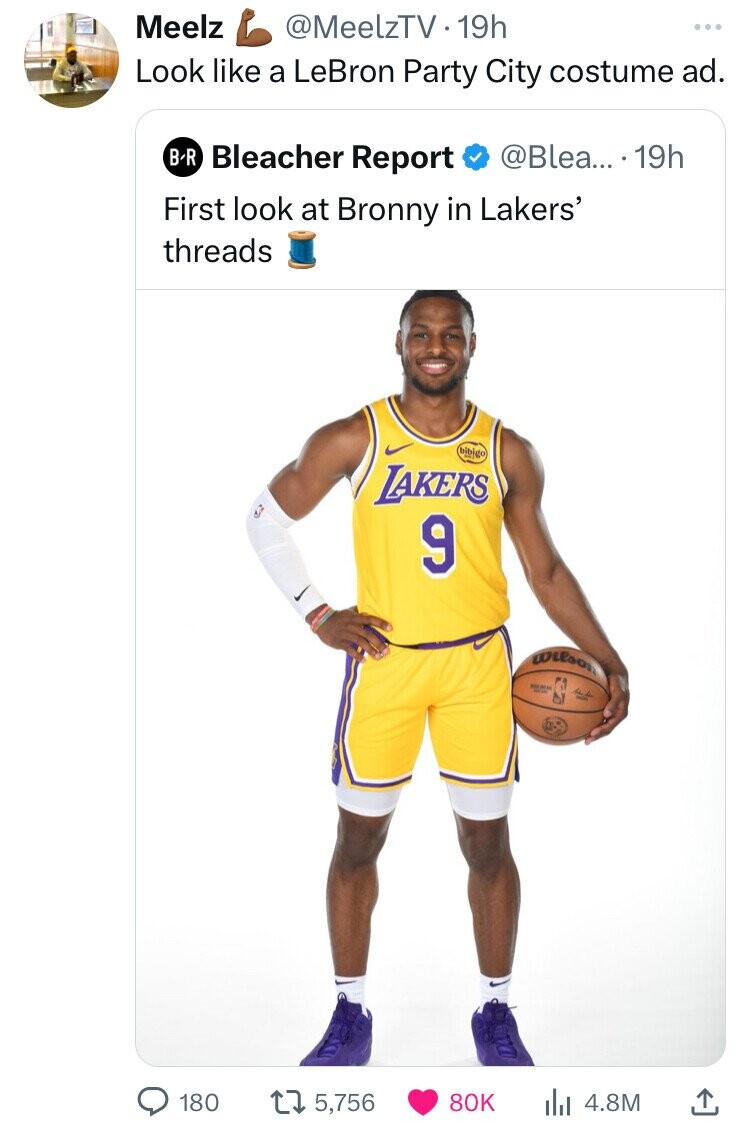 Basketball - Meelz . 19h Look a LeBron Party City costume ad. BR Bleacher Report .... 19h First look at Bronny in Lakers' threads bibigo Lakers 9 180 15, lil 4.8M L