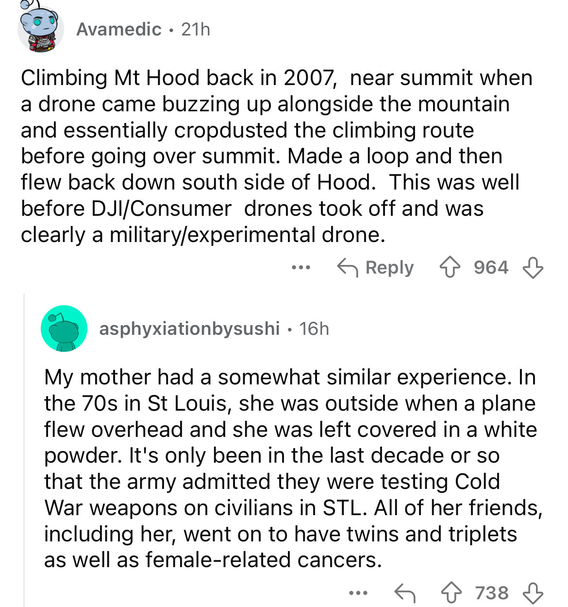 screenshot - Avamedic 21h . Climbing Mt Hood back in 2007, near summit when a drone came buzzing up alongside the mountain and essentially cropdusted the climbing route before going over summit. Made a loop and then flew back down south side of Hood. This