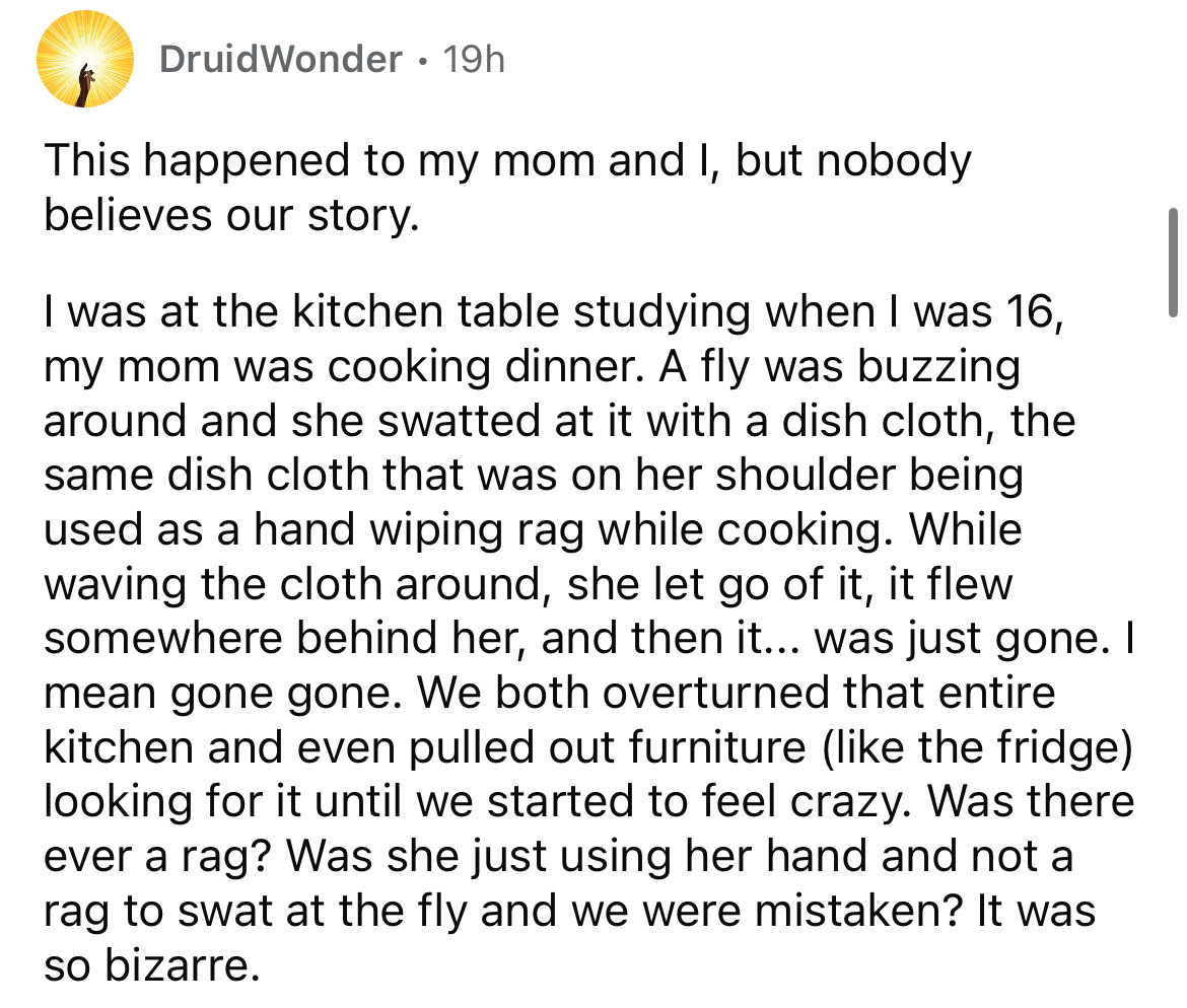 document - DruidWonder 19h . This happened to my mom and I, but nobody believes our story. I was at the kitchen table studying when I was 16, my mom was cooking dinner. A fly was buzzing around and she swatted at it with a dish cloth, the same dish cloth 