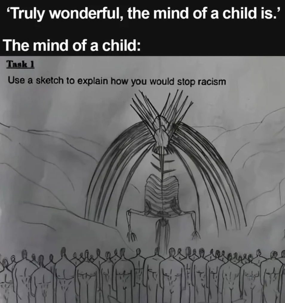 first test in grade 7 art - 'Truly wonderful, the mind of a child is.' The mind of a child Task 1 Use a sketch to explain how you would stop racism