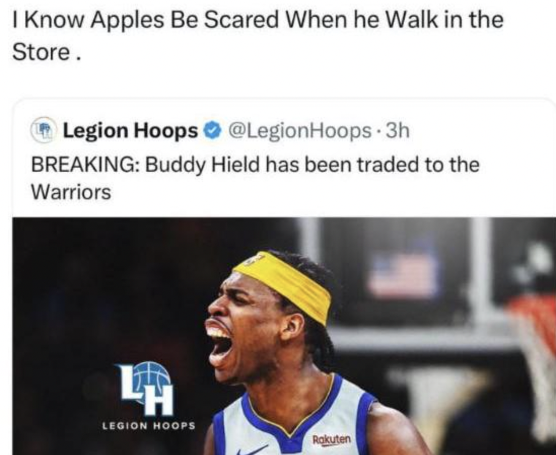 I Know Apples Be Scared When he Walk in the Store. Legion Hoops .3h Breaking Buddy Hield has been traded to the Warriors H Legion Hoops Rakuten