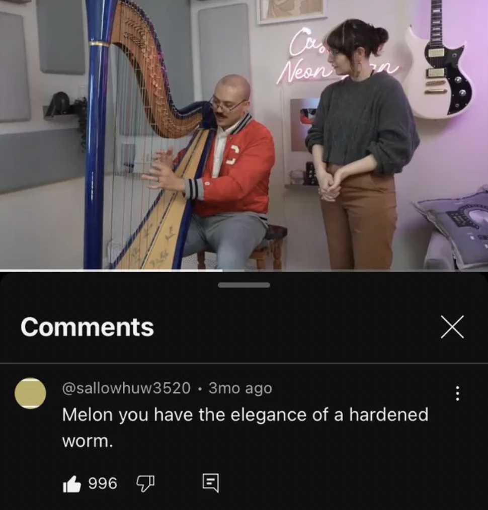 harpist - Ca Neon n 011 3mo ago Melon you have the elegance of a hardened worm. 996