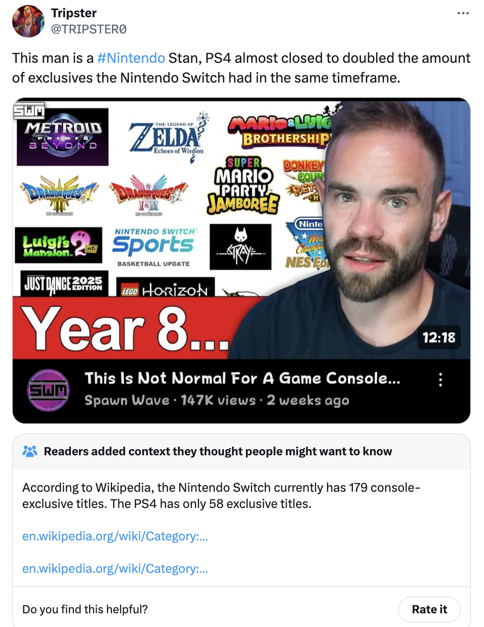 media - Tripster This man is a Stan, PS4 almost closed to doubled the amount of exclusives the Nintendo Switch had in the same timeframe. Swm Metroid Luigi's Mansion. Just Dance 2025 Edition Zelda Nintendo Switch Sports Basketball Update Horizon Brothersh