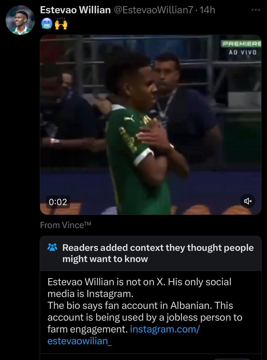 screenshot - Estevao Willian 14h Premiere Ao Vivo From Vince T Readers added context they thought people might want to know Estevao Willian is not on X. His only social media is Instagram. The bio says fan account in Albanian. This account is being used b