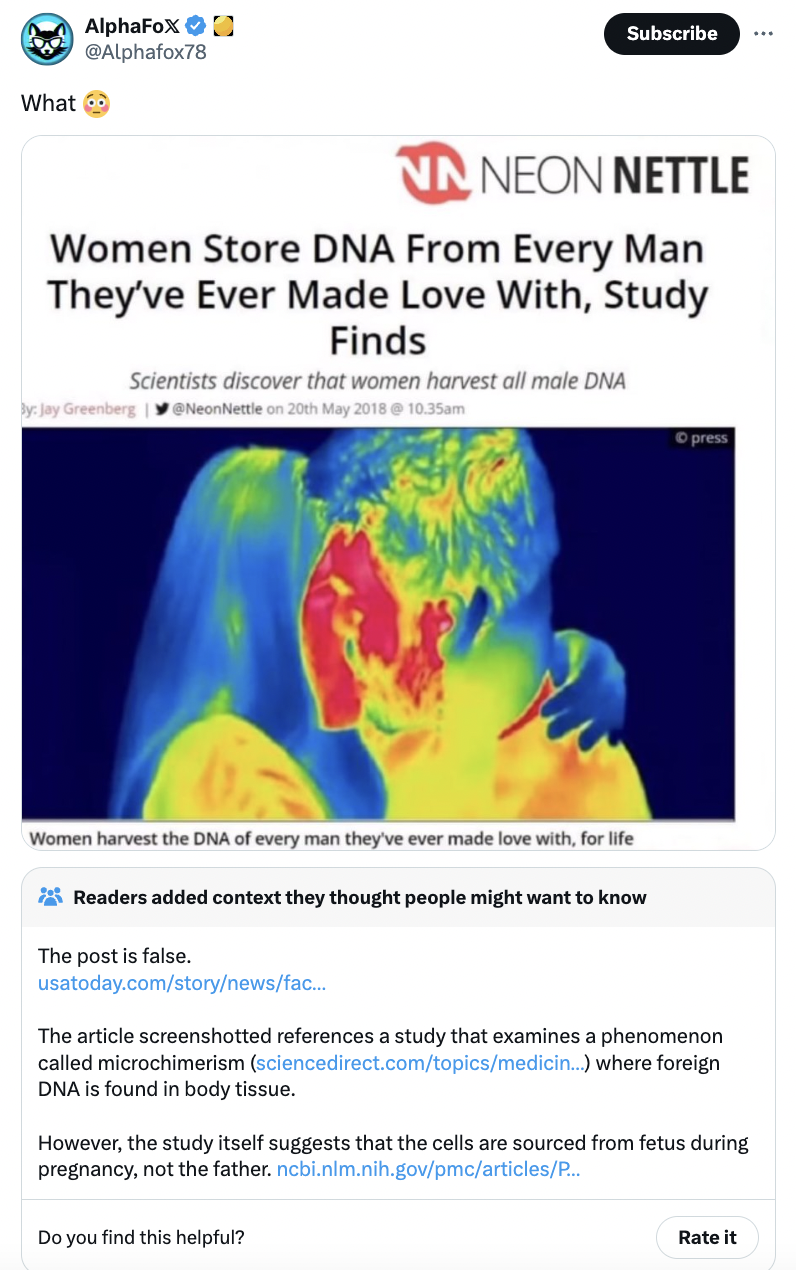 screenshot - What AlphaFox Subscribe Nn Neon Nettle Women Store Dna From Every Man They've Ever Made Love With, Study Finds Scientists discover that women harvest all male Dna Women harvest the Dna of every man they've ever made love with, for life Reader