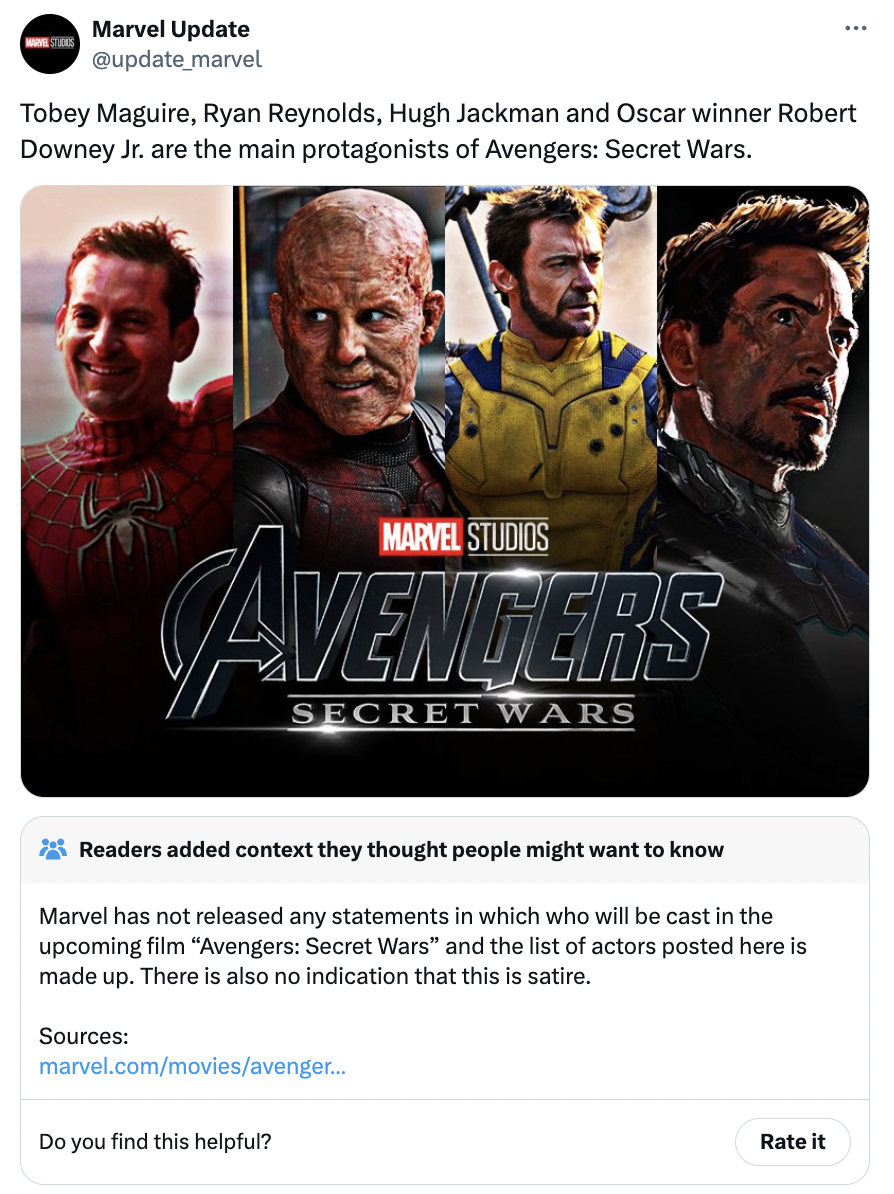 flyer - Marvel Update marvel Tobey Maguire, Ryan Reynolds, Hugh Jackman and Oscar winner Robert Downey Jr. are the main protagonists of Avengers Secret Wars. Marvel Studios Avenders Secret Wars Readers added context they thought people might want to know 