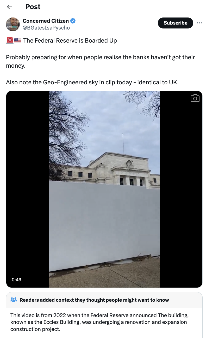 screenshot - Post Concerned Citizen BGatesIsaPyscho The Federal Reserve is Boarded Up Subscribe Probably preparing for when people realise the banks haven't got their money. Also note the GeoEngineered sky in clip today identical to Uk. Readers added cont