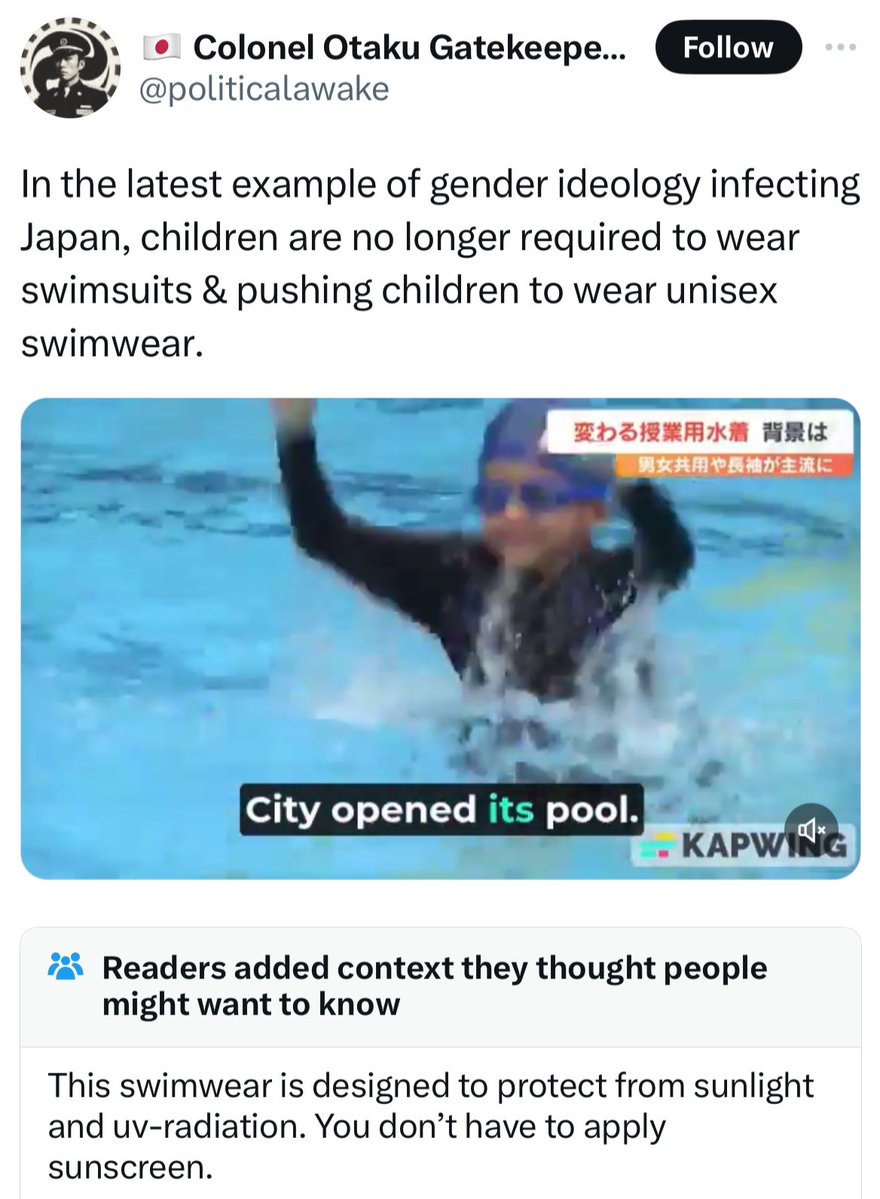 vacation - Colonel Otaku Gatekeepe... In the latest example of gender ideology infecting Japan, children are no longer required to wear swimsuits & pushing children to wear unisex swimwear. City opened its pool. Kapwing Readers added context they thought 