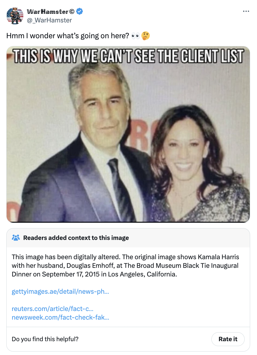 kamala harris and epstein - WarHamster WarHamster Hmm I wonder what's going on here?.. This Is Why We Can'T See The Client List Readers added context to this image This image has been digitally altered. The original image shows Kamala Harris with her husb