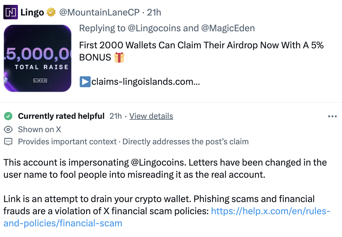 screenshot - N Lingo . 21h and First 2000 Wallets Can Claim Their Airdrop Now With A 5% 5,000,0 Bonus T Total Raise Lingo claimslingoislands.com... Currently rated helpful 21h View details Shown on X Provides important context. Directly addresses the post