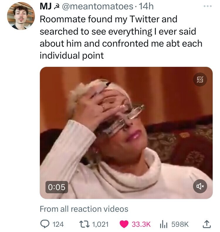 photo caption - Mj . 14h Roommate found my Twitter and searched to see everything I ever said about him and confronted me abt each individual point From all reaction videos 124 1,021