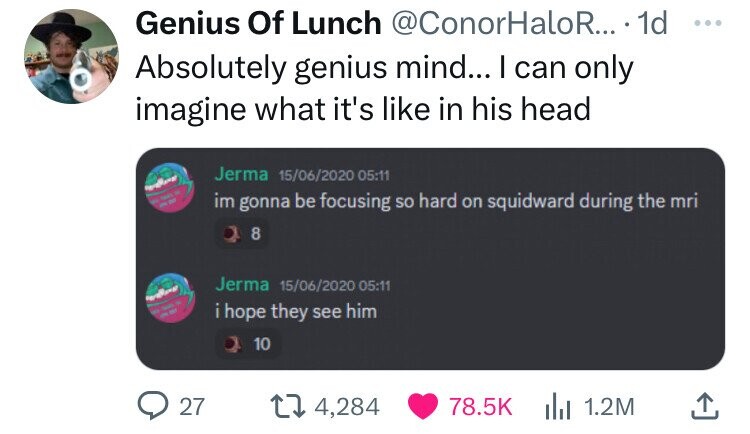 screenshot - Genius Of Lunch .... 1d Absolutely genius mind... I can only imagine what it's in his head Jerma 15062020 im gonna be focusing so hard on squidward during the mri 8 Jerma 15062020 i hope they see him 10 27 4,284 1.2M