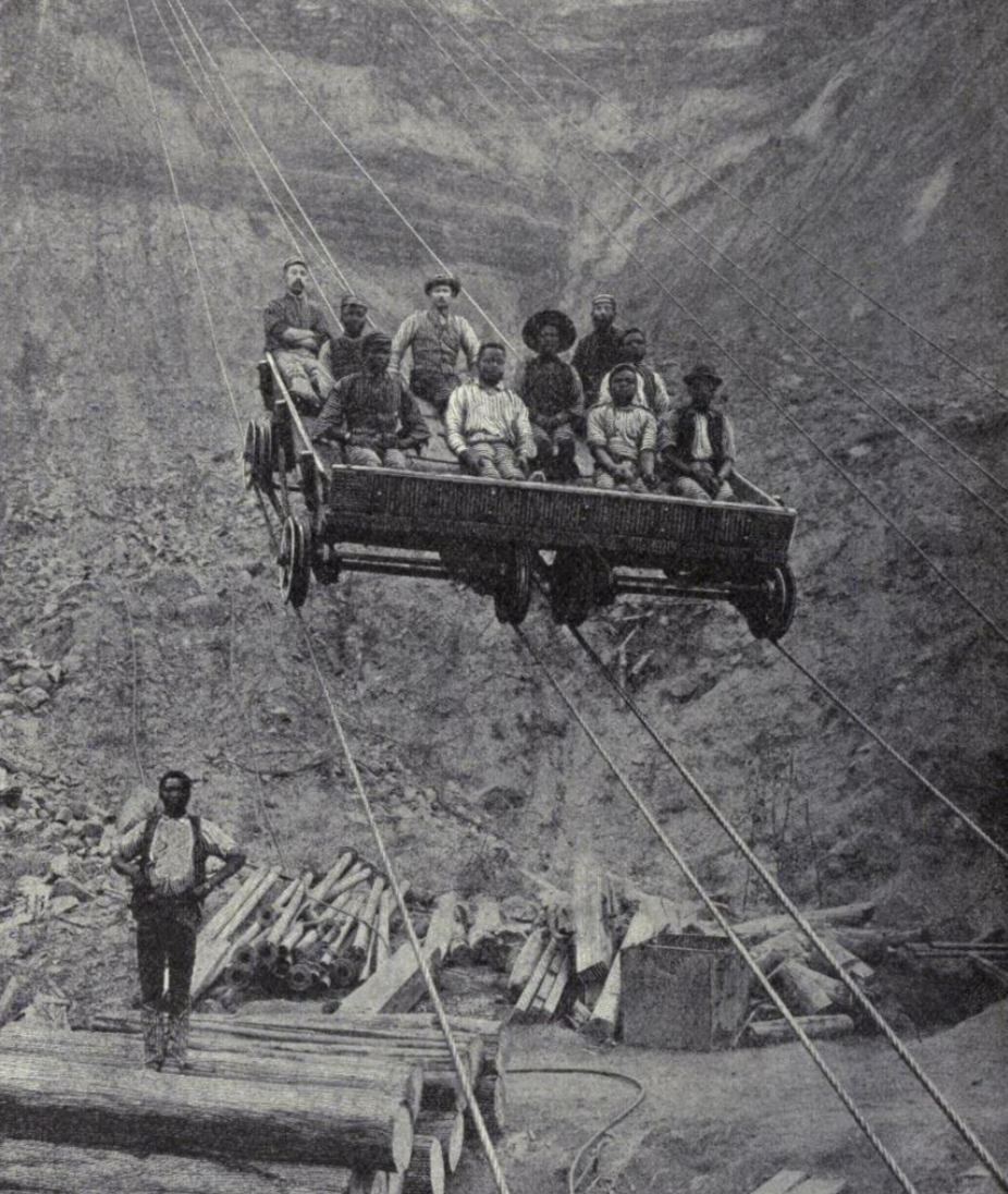 Miners using an “aerial tram” to descend into the Kimberly Diamond Mine in South Africa, 1885.