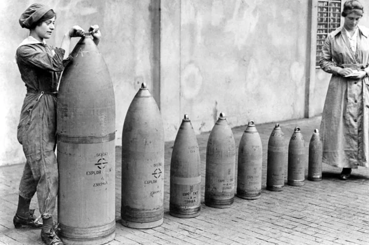 Two women munitions workers at the National Shell Filling Factory in Chilwell, Nottinghamshire during the First World War, 1917. The factory would eventually explode. 