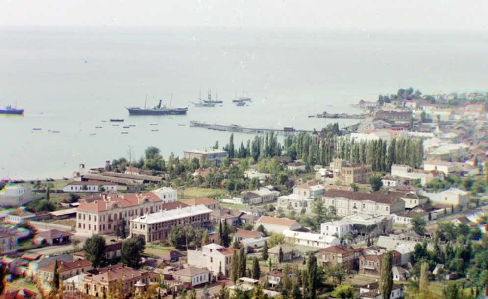 A general view of Sukhumi, Abkhazia and its bay, seen sometime around 1910 from Cherniavskii Mountain.