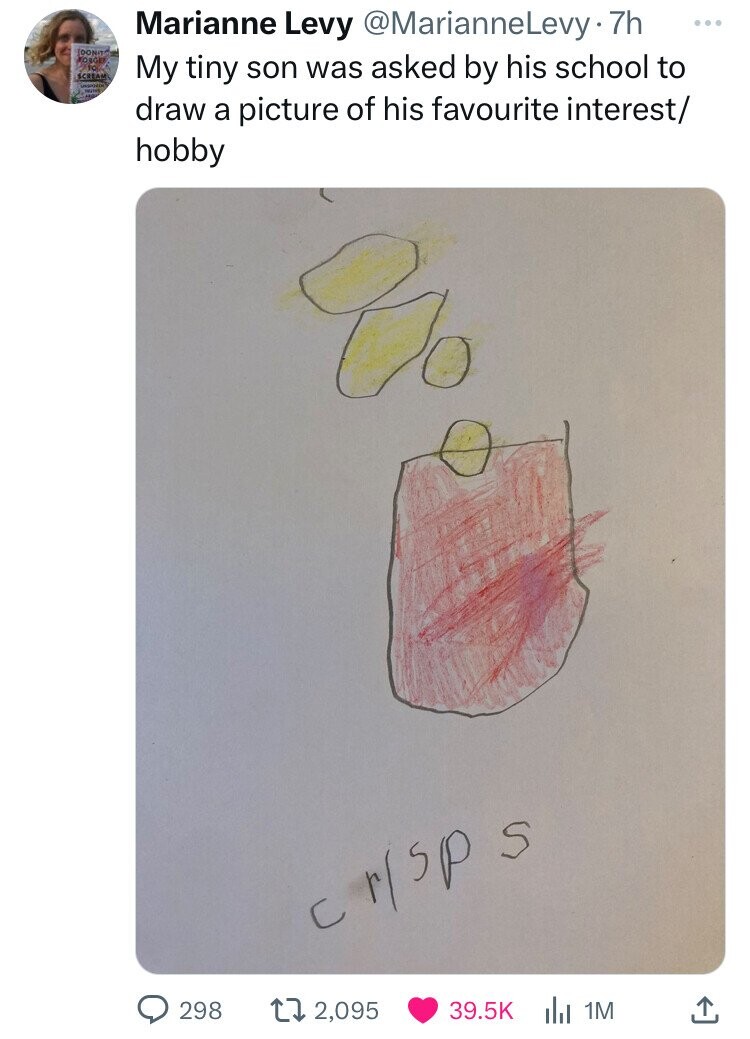 diagram - Joonit Scream Marianne Levy Levy .7h My tiny son was asked by his school to draw a picture of his favourite interest hobby 86 Crisps 298 172,095 1M Goo