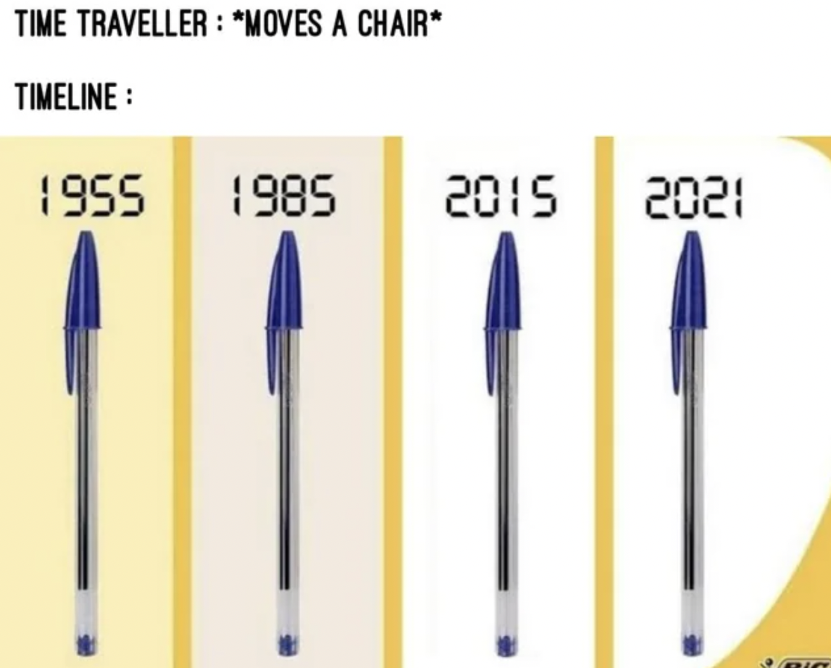 calligraphy - Time Traveller Moves A Chair Timeline 1955 1985 2015 2021