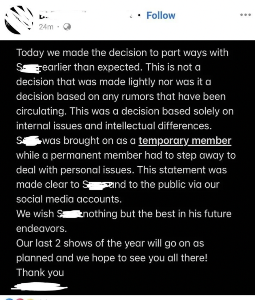 screenshot - 24m Today we made the decision to part ways with Searlier than expected. This is not a decision that was made lightly nor was it a decision based on any rumors that have been circulating. This was a decision based solely on internal issues an