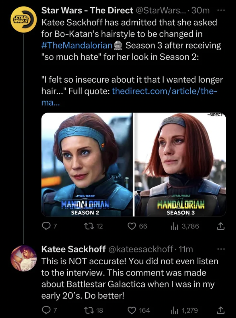 screenshot - Star Wars Star Wars The Direct .... 30m Katee Sackhoff has admitted that she asked for BoKatan's hairstyle to be changed in Season 3 after receiving "so much hate" for her look in Season 2 "I felt so insecure about it that I wanted longer hai