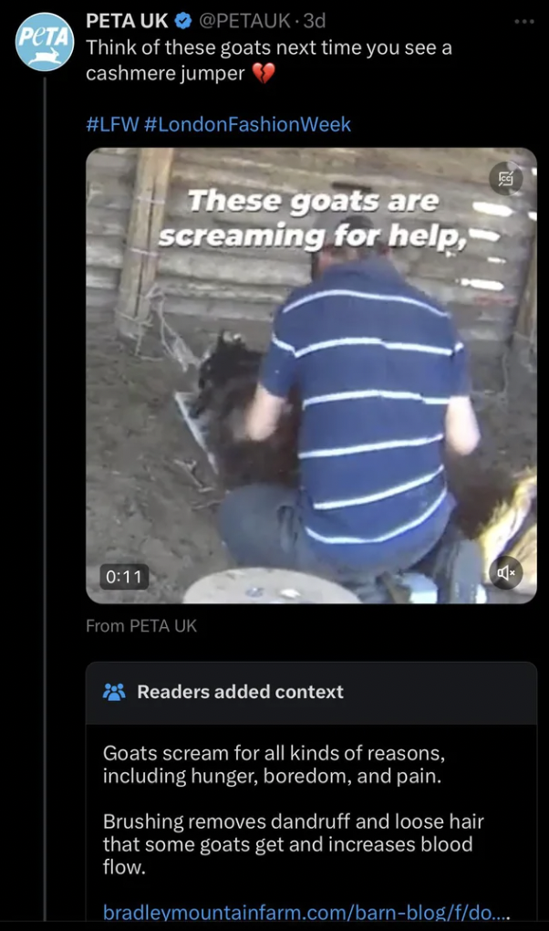 screenshot - Peta Peta Uk Petalk3d Think of these goats next time you see a cashmere jumper FashionWeek These goats are screaming for help, From Peta Uk Readers added context Goats scream for all kinds of reasons, including hunger, boredom, and pain. Brus