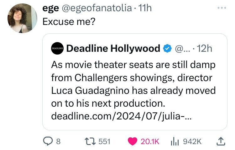 screenshot - ege 11h Excuse me? Deadline Deadline Hollywood @....12h As movie theater seats are still damp from Challengers showings, director Luca Guadagnino has already moved on to his next production. deadline.com202407julia... 8 1551