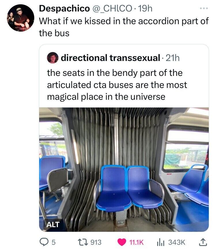 minibus - Despachico . 19h What if we kissed in the accordion part of the bus O directional transsexual 21h the seats in the bendy part of the articulated cta buses are the most magical place in the universe Alt 5 1913 l