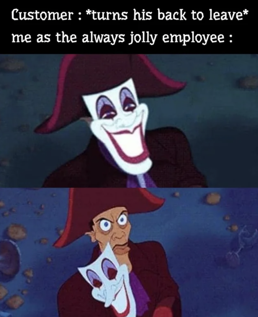 cartoon - Customer turns his back to leave me as the always jolly employee