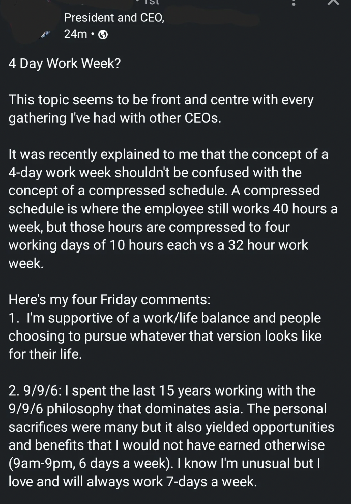 document - President and Ceo, 24m 4 Day Work Week? This topic seems to be front and centre with every gathering I've had with other Ceos. It was recently explained to me that the concept of a 4day work week shouldn't be confused with the concept of a comp