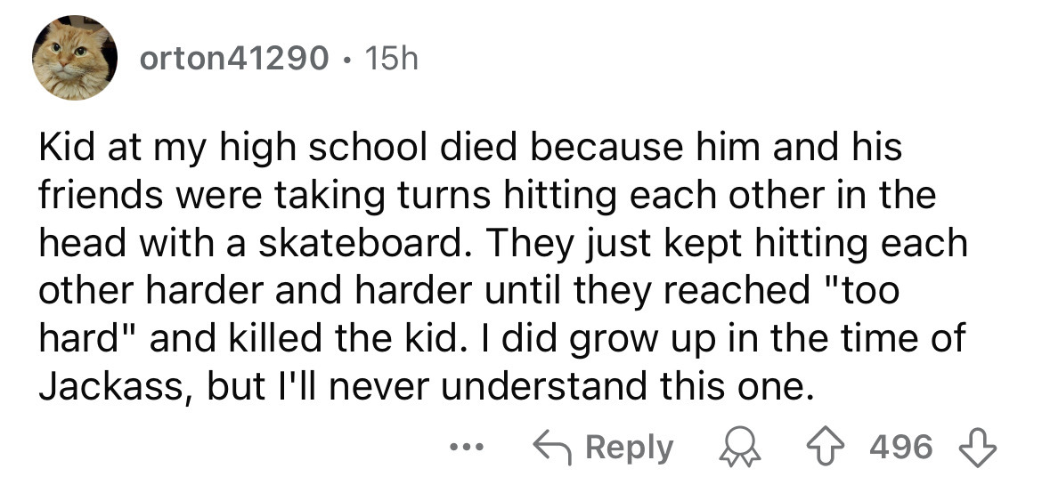 number - orton41290 15h Kid at my high school died because him and his friends were taking turns hitting each other in the head with a skateboard. They just kept hitting each other harder and harder until they reached "too hard" and killed the kid. I did 