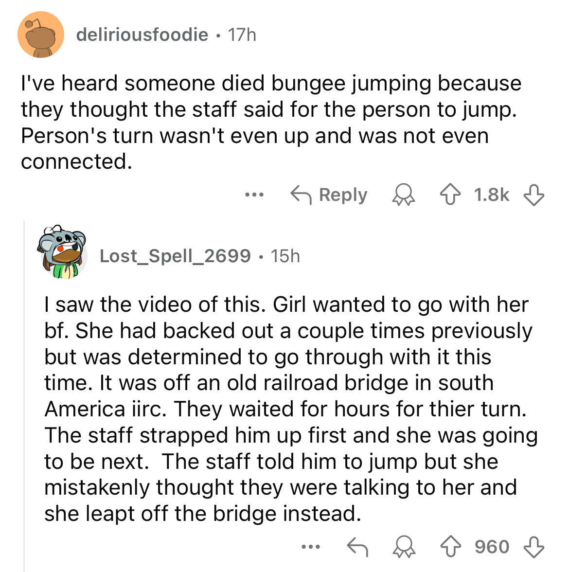 screenshot - deliriousfoodie 17h I've heard someone died bungee jumping because they thought the staff said for the person to jump. Person's turn wasn't even up and was not even connected. ... Lost Spell_2699 15h I saw the video of this. Girl wanted to go