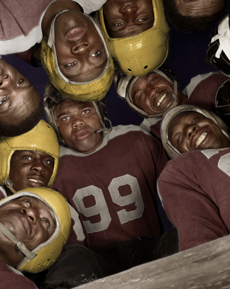 Football players, Daytona Beach, Florida. Bethune-Cookman College. January 1943. Colorized.