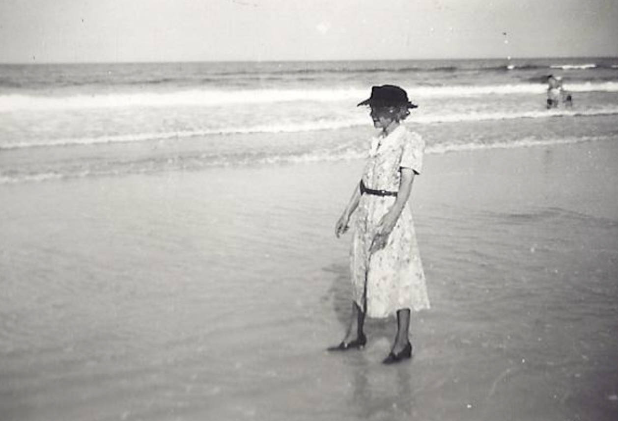 My Great-Grandmother at Daytona Beach in her Sunday dress, 1938.